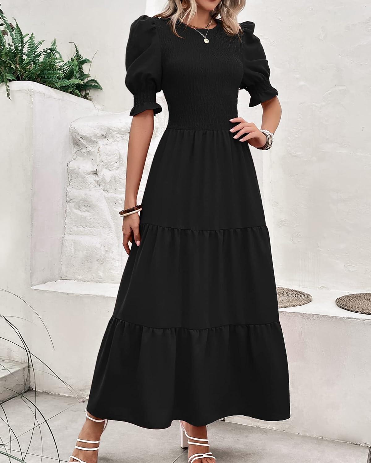 imageBTFBM Women Casual Summer Dresses 2026 Spring Crew Neck Ruffle Short Sleeve Smocked Floral Boho Flowy Maxi Dress ClothesSolid Black
