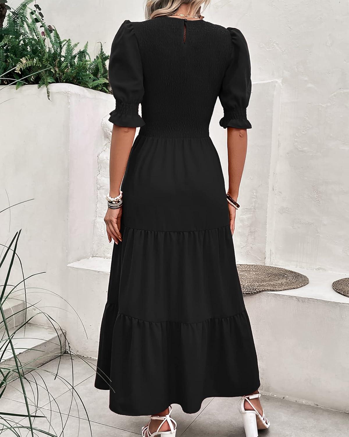 imageBTFBM Women Casual Summer Dresses 2026 Spring Crew Neck Ruffle Short Sleeve Smocked Floral Boho Flowy Maxi Dress ClothesSolid Black