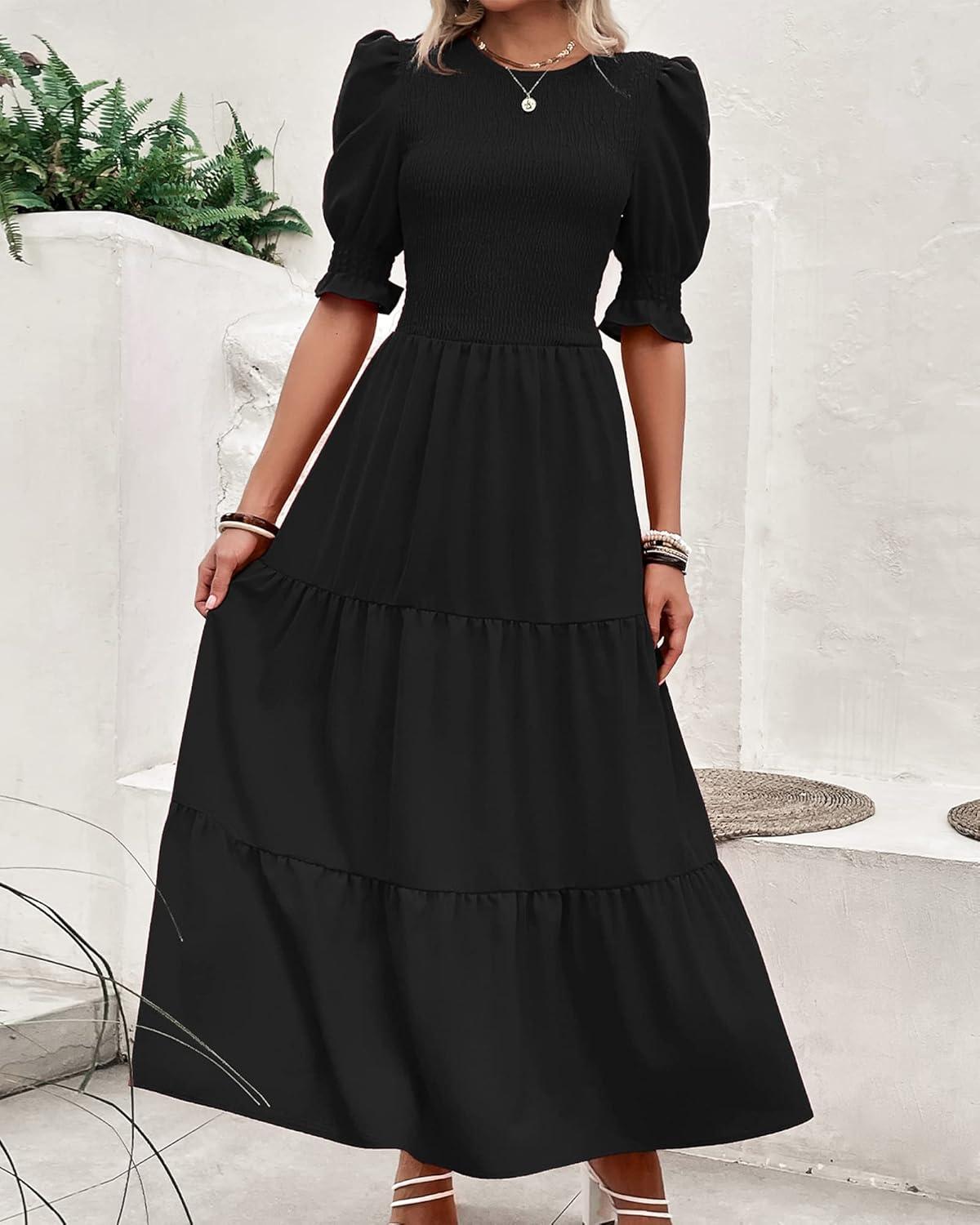 imageBTFBM Women Casual Summer Dresses 2026 Spring Crew Neck Ruffle Short Sleeve Smocked Floral Boho Flowy Maxi Dress ClothesSolid Black