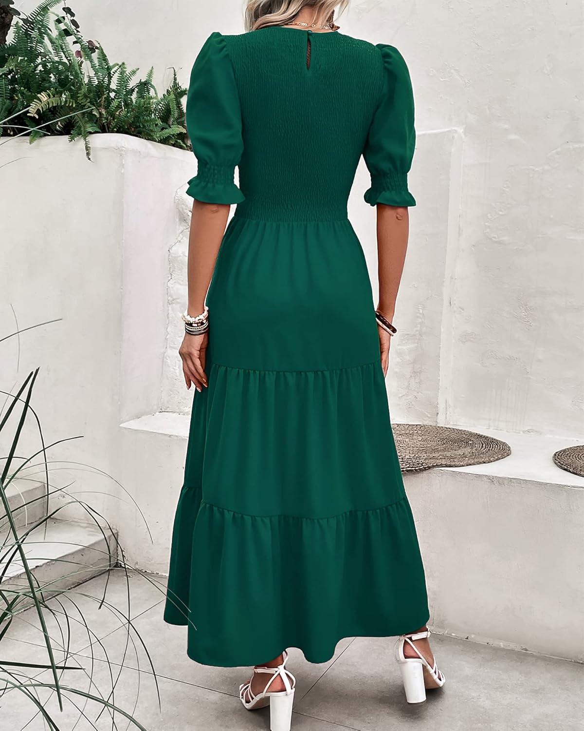 imageBTFBM Women Casual Summer Dresses 2026 Spring Crew Neck Ruffle Short Sleeve Smocked Floral Boho Flowy Maxi Dress ClothesSolid Dark Green