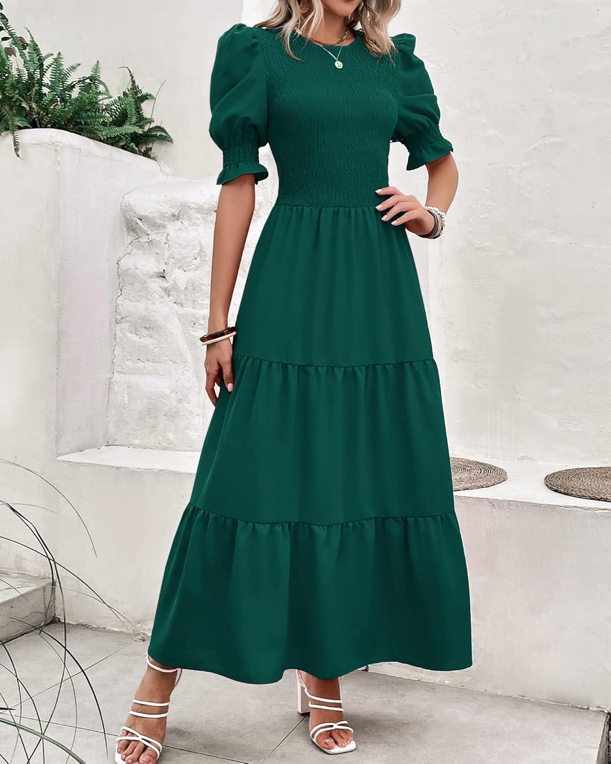 imageBTFBM Women Casual Summer Dresses 2026 Spring Crew Neck Ruffle Short Sleeve Smocked Floral Boho Flowy Maxi Dress ClothesSolid Dark Green