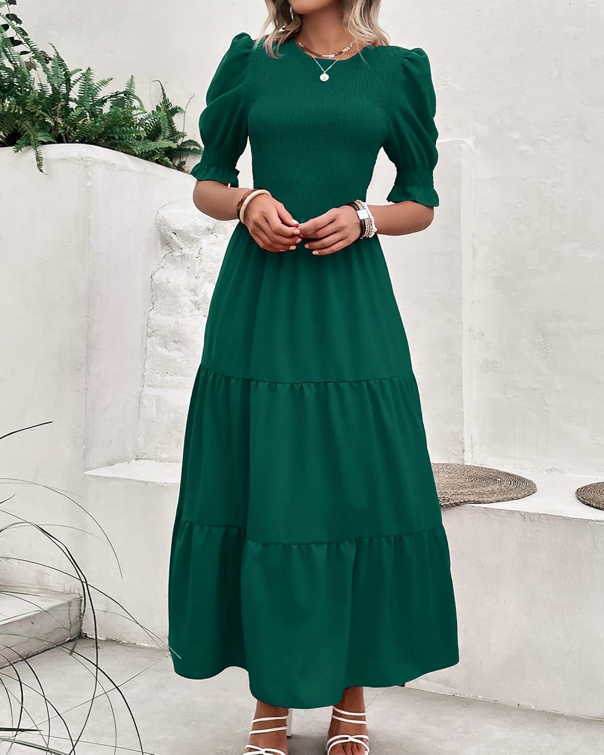 imageBTFBM Women Casual Summer Dresses 2026 Spring Crew Neck Ruffle Short Sleeve Smocked Floral Boho Flowy Maxi Dress ClothesSolid Dark Green