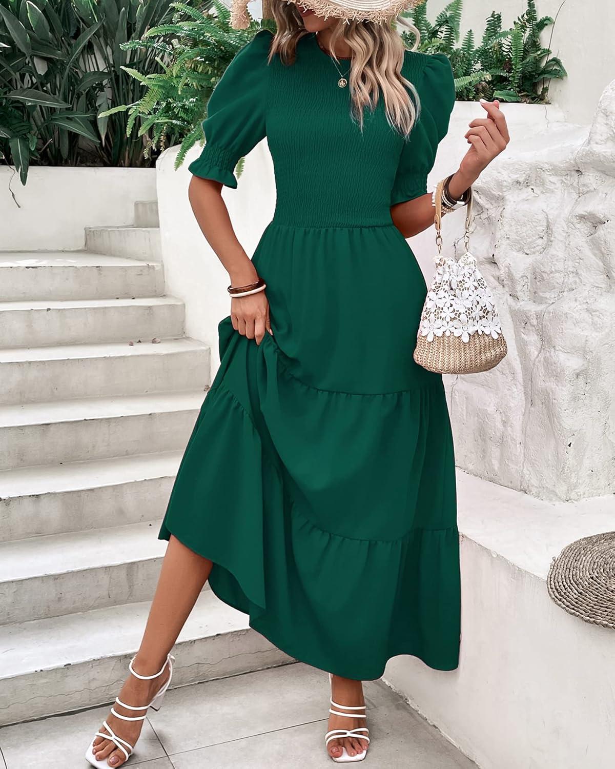 imageBTFBM Women Casual Summer Dresses 2026 Spring Crew Neck Ruffle Short Sleeve Smocked Floral Boho Flowy Maxi Dress ClothesSolid Dark Green