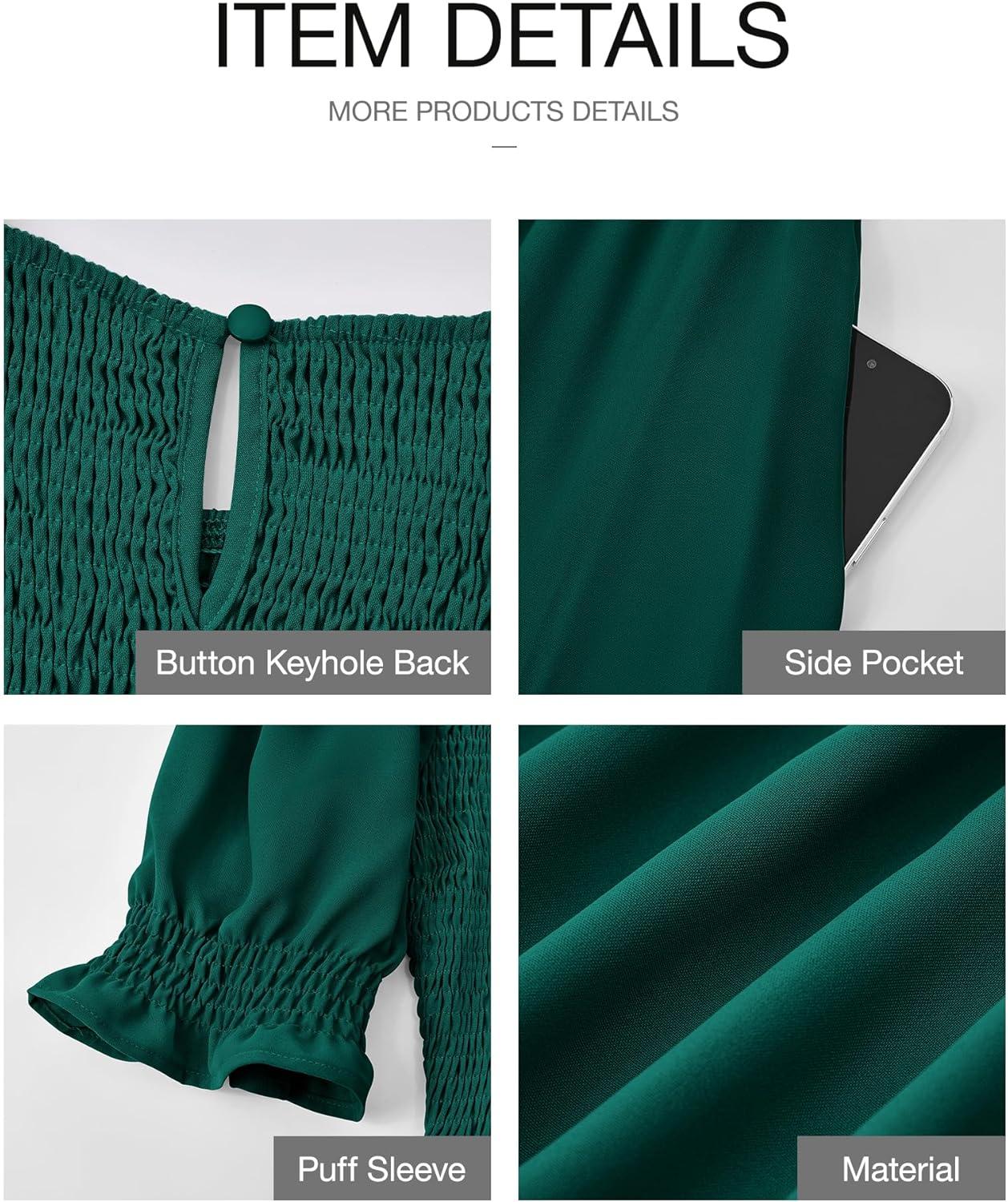 imageBTFBM Women Casual Summer Dresses 2026 Spring Crew Neck Ruffle Short Sleeve Smocked Floral Boho Flowy Maxi Dress ClothesSolid Dark Green