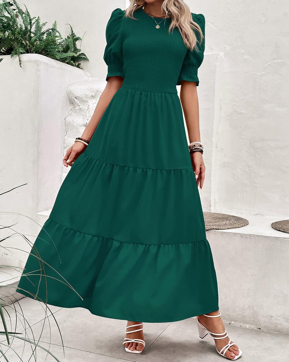 imageBTFBM Women Casual Summer Dresses 2026 Spring Crew Neck Ruffle Short Sleeve Smocked Floral Boho Flowy Maxi Dress ClothesSolid Dark Green