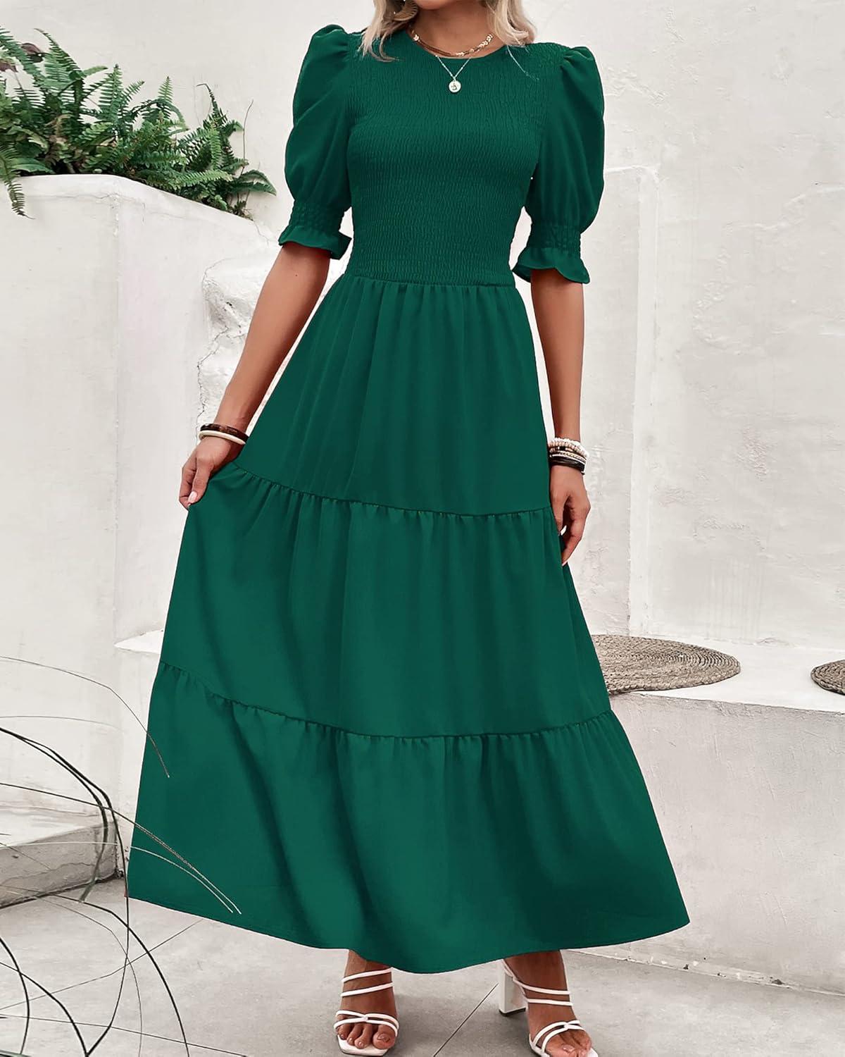 imageBTFBM Women Casual Summer Dresses 2026 Spring Crew Neck Ruffle Short Sleeve Smocked Floral Boho Flowy Maxi Dress ClothesSolid Dark Green