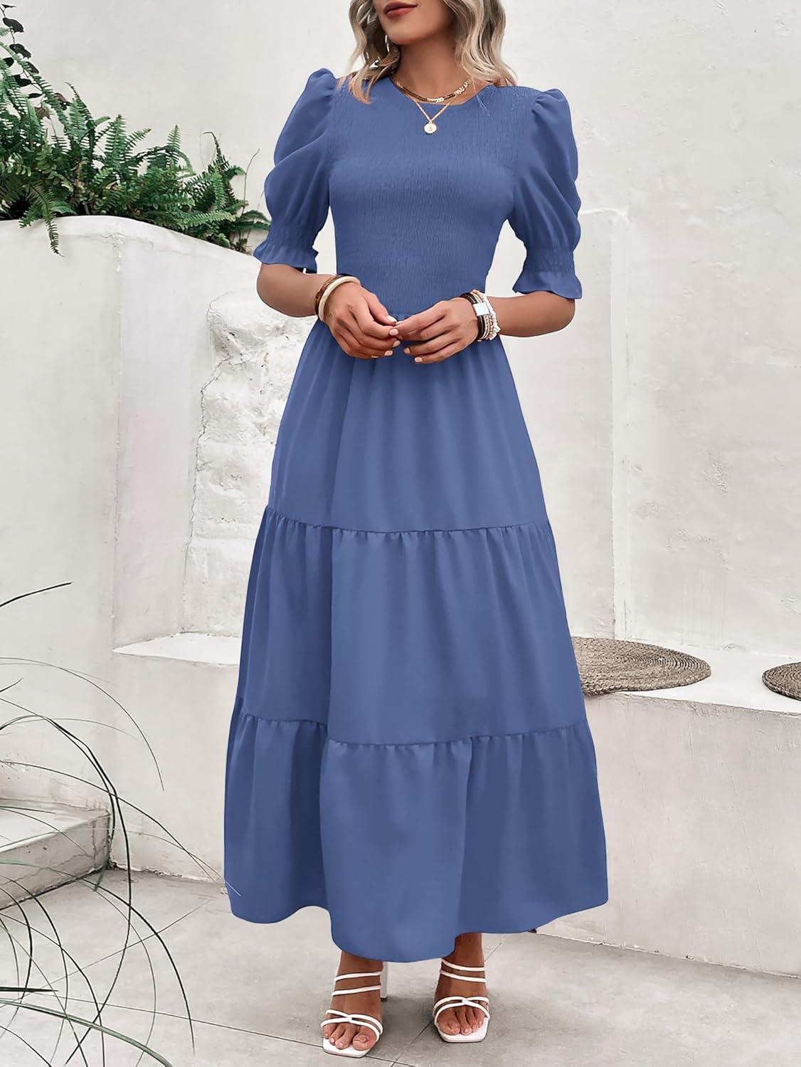 imageBTFBM Women Casual Summer Dresses 2026 Spring Crew Neck Ruffle Short Sleeve Smocked Floral Boho Flowy Maxi Dress ClothesSolid Grey Blue