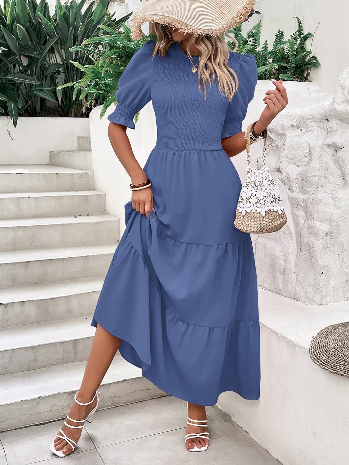 imageBTFBM Women Casual Summer Dresses 2026 Spring Crew Neck Ruffle Short Sleeve Smocked Floral Boho Flowy Maxi Dress ClothesSolid Grey Blue