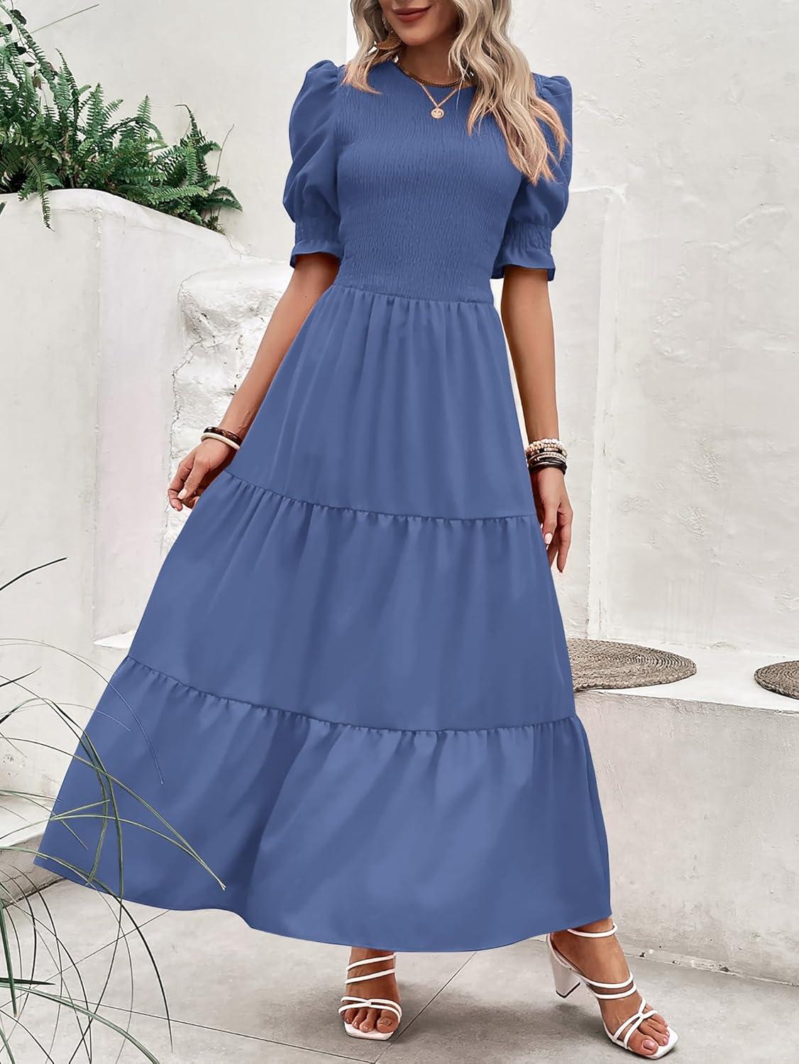 imageBTFBM Women Casual Summer Dresses 2026 Spring Crew Neck Ruffle Short Sleeve Smocked Floral Boho Flowy Maxi Dress ClothesSolid Grey Blue