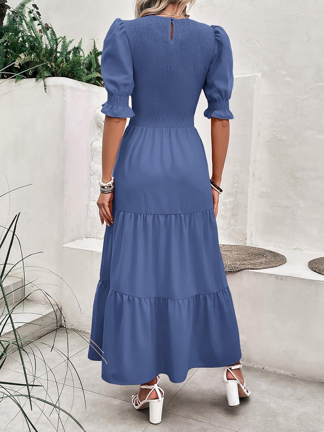 imageBTFBM Women Casual Summer Dresses 2026 Spring Crew Neck Ruffle Short Sleeve Smocked Floral Boho Flowy Maxi Dress ClothesSolid Grey Blue