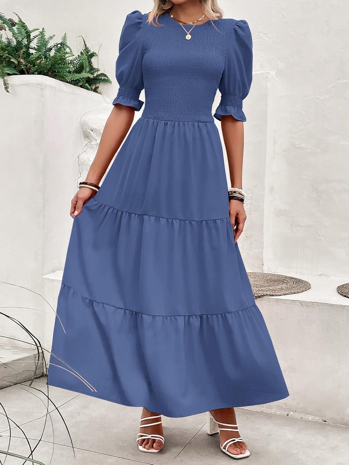 imageBTFBM Women Casual Summer Dresses 2026 Spring Crew Neck Ruffle Short Sleeve Smocked Floral Boho Flowy Maxi Dress ClothesSolid Grey Blue