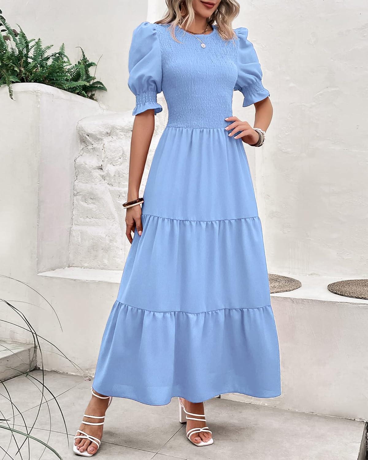 imageBTFBM Women Casual Summer Dresses 2026 Spring Crew Neck Ruffle Short Sleeve Smocked Floral Boho Flowy Maxi Dress ClothesSolid Light Blue