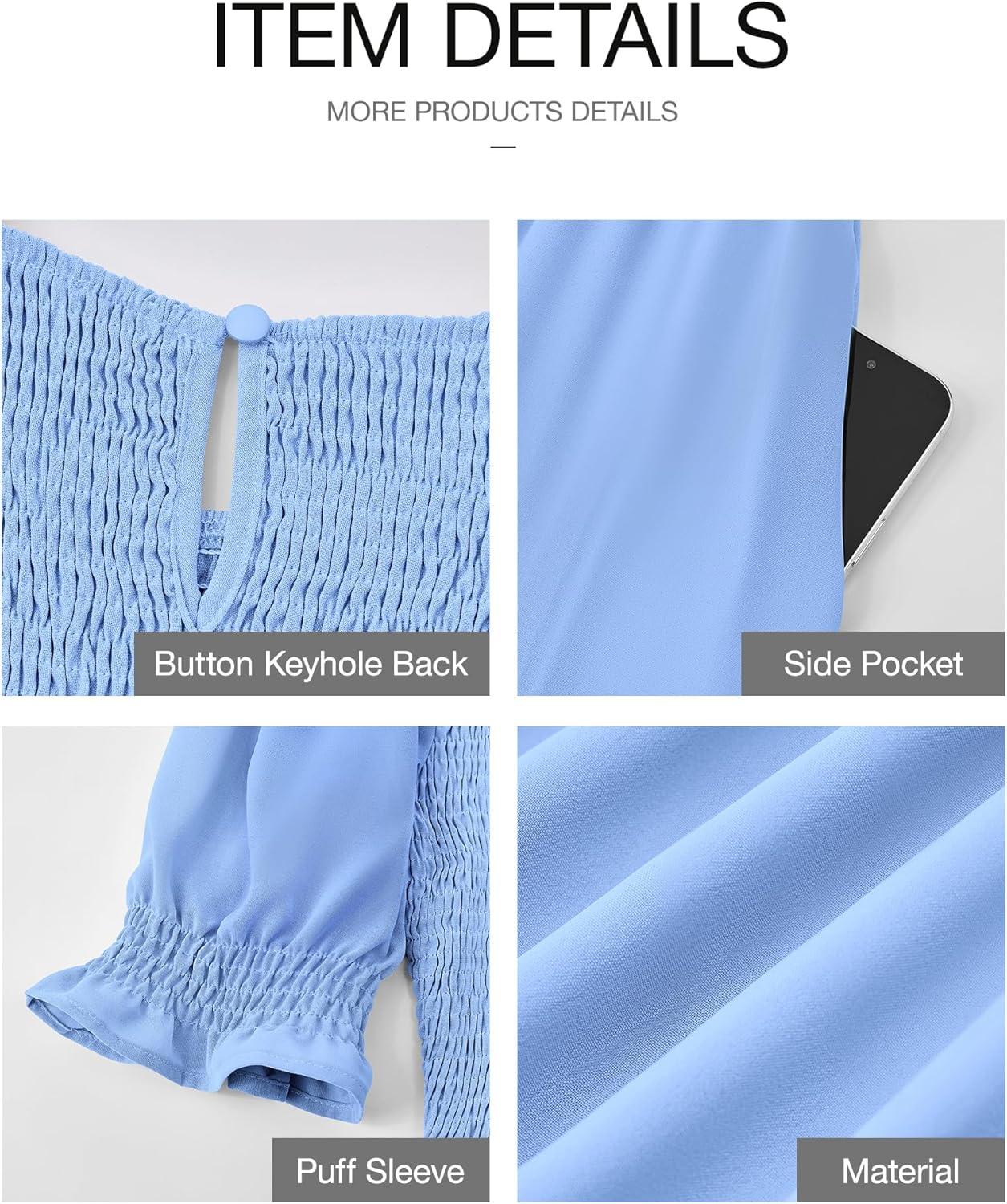 imageBTFBM Women Casual Summer Dresses 2026 Spring Crew Neck Ruffle Short Sleeve Smocked Floral Boho Flowy Maxi Dress ClothesSolid Light Blue