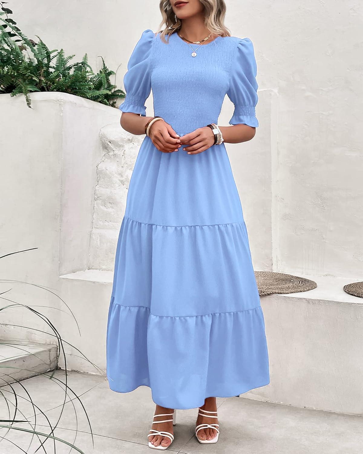 imageBTFBM Women Casual Summer Dresses 2026 Spring Crew Neck Ruffle Short Sleeve Smocked Floral Boho Flowy Maxi Dress ClothesSolid Light Blue