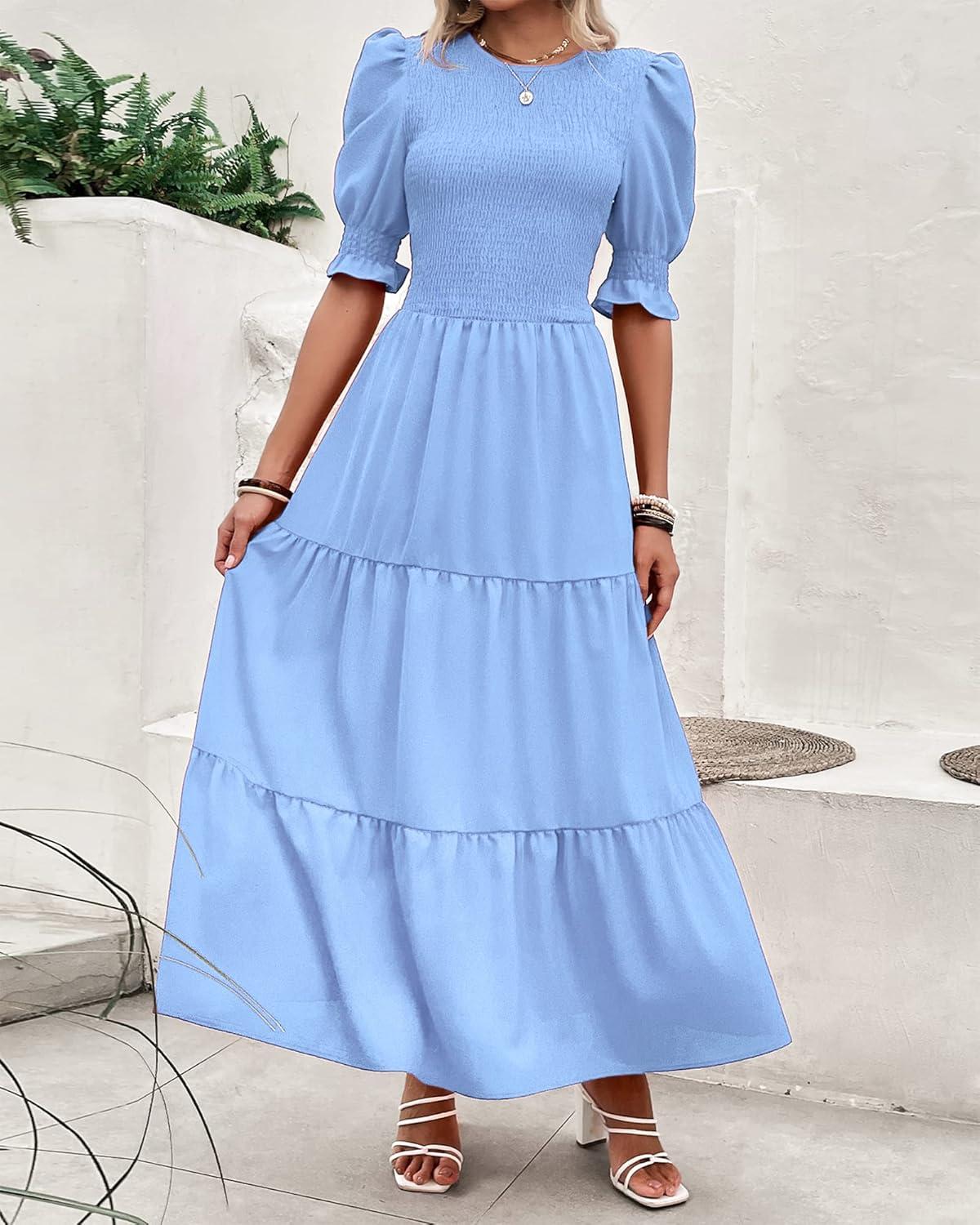 imageBTFBM Women Casual Summer Dresses 2026 Spring Crew Neck Ruffle Short Sleeve Smocked Floral Boho Flowy Maxi Dress ClothesSolid Light Blue