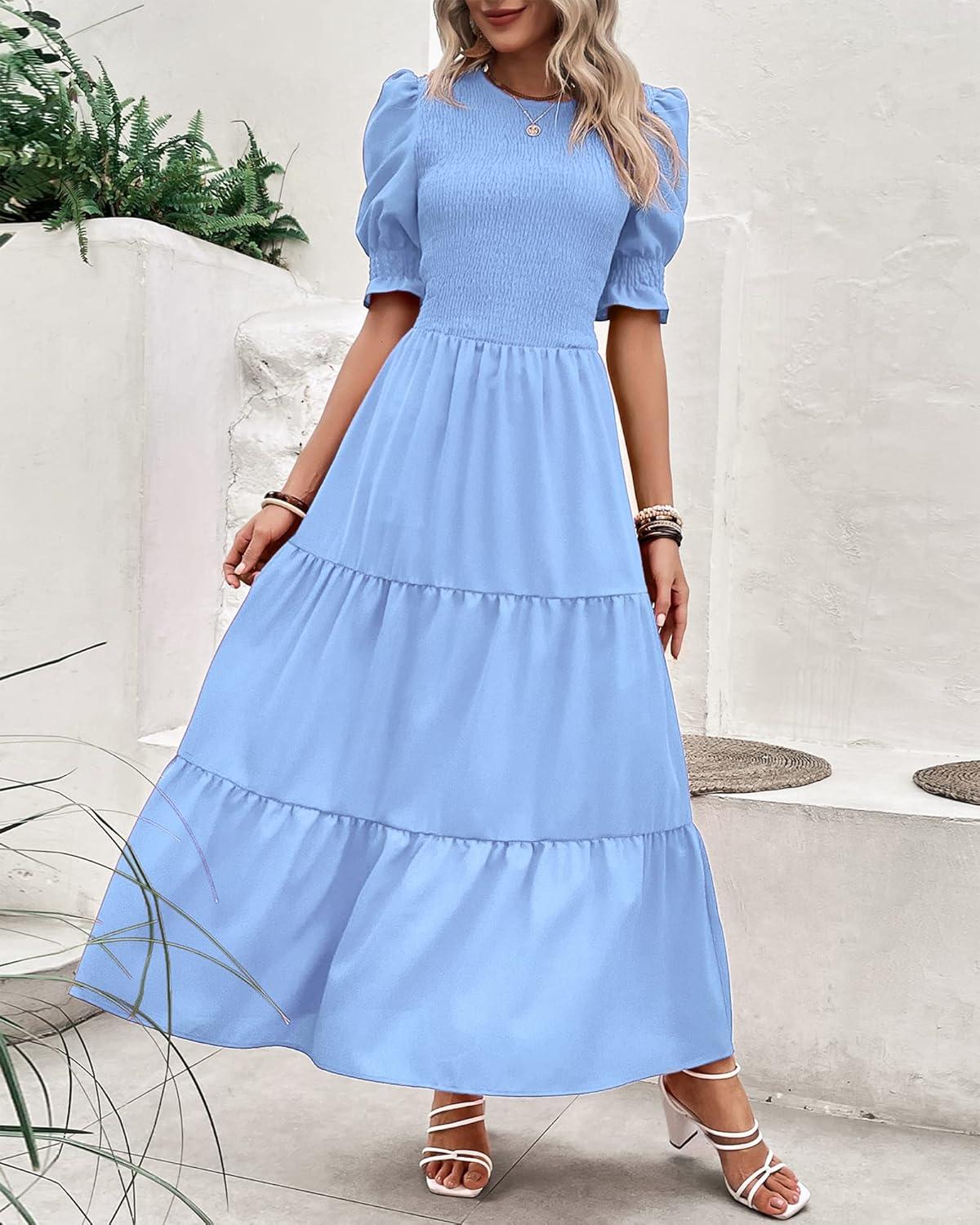 imageBTFBM Women Casual Summer Dresses 2026 Spring Crew Neck Ruffle Short Sleeve Smocked Floral Boho Flowy Maxi Dress ClothesSolid Light Blue