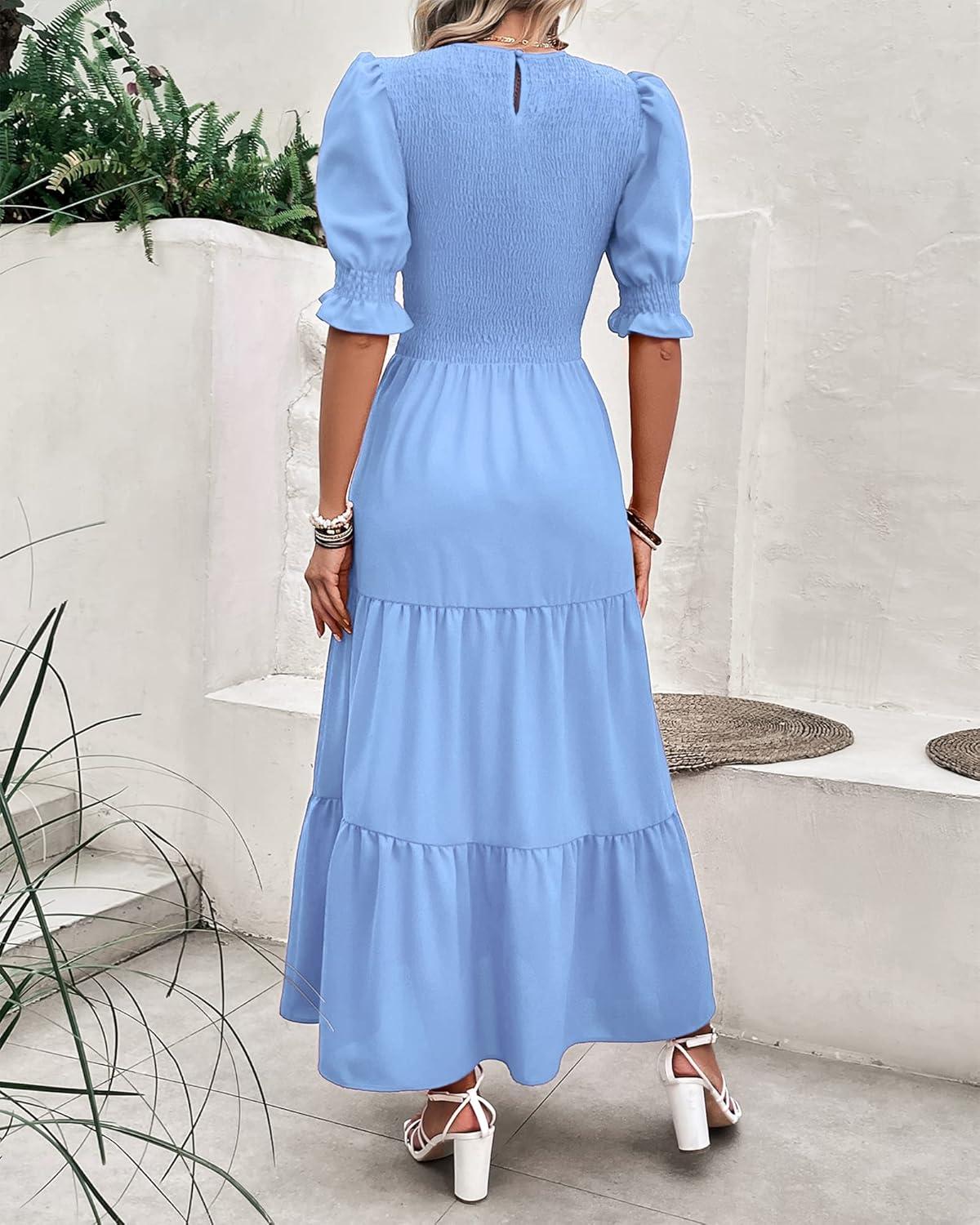 imageBTFBM Women Casual Summer Dresses 2026 Spring Crew Neck Ruffle Short Sleeve Smocked Floral Boho Flowy Maxi Dress ClothesSolid Light Blue