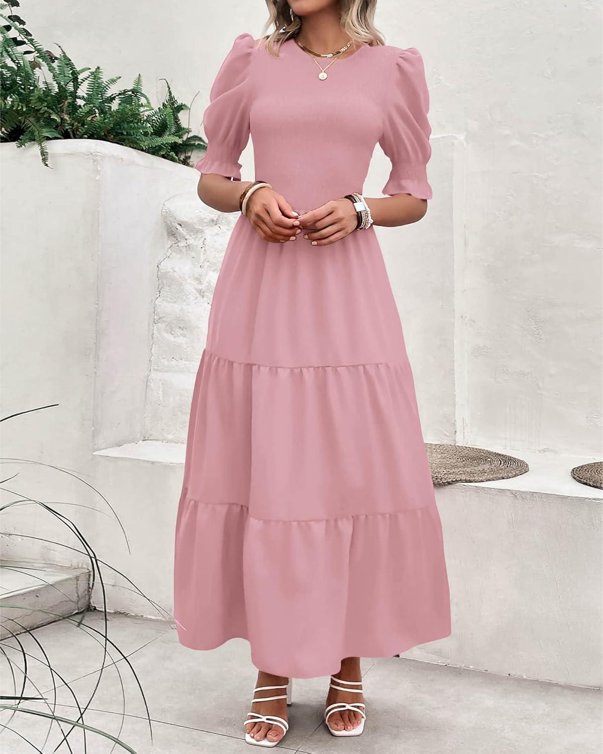 imageBTFBM Women Casual Summer Dresses 2026 Spring Crew Neck Ruffle Short Sleeve Smocked Floral Boho Flowy Maxi Dress ClothesSolid Light Pink