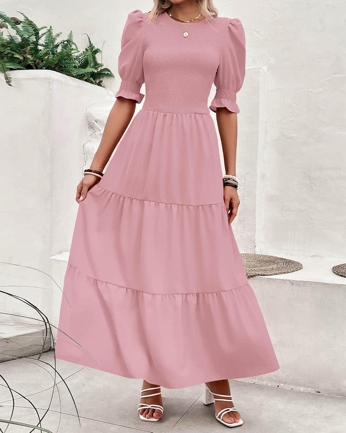 imageBTFBM Women Casual Summer Dresses 2026 Spring Crew Neck Ruffle Short Sleeve Smocked Floral Boho Flowy Maxi Dress ClothesSolid Light Pink