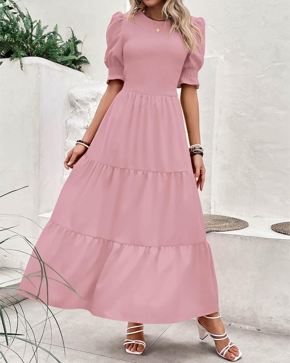 imageBTFBM Women Casual Summer Dresses 2026 Spring Crew Neck Ruffle Short Sleeve Smocked Floral Boho Flowy Maxi Dress ClothesSolid Light Pink