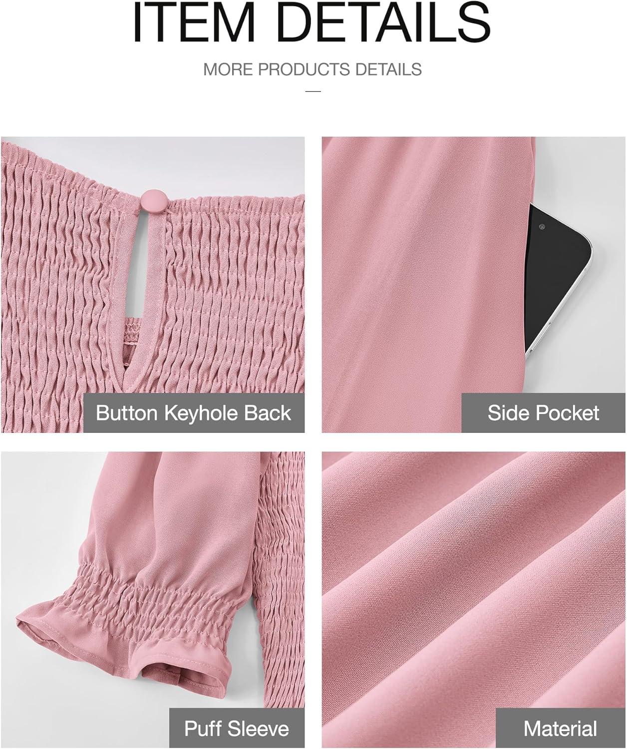 imageBTFBM Women Casual Summer Dresses 2026 Spring Crew Neck Ruffle Short Sleeve Smocked Floral Boho Flowy Maxi Dress ClothesSolid Light Pink