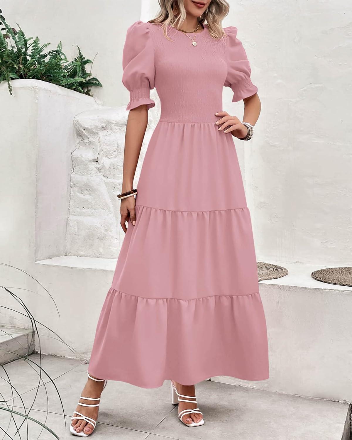 imageBTFBM Women Casual Summer Dresses 2026 Spring Crew Neck Ruffle Short Sleeve Smocked Floral Boho Flowy Maxi Dress ClothesSolid Light Pink