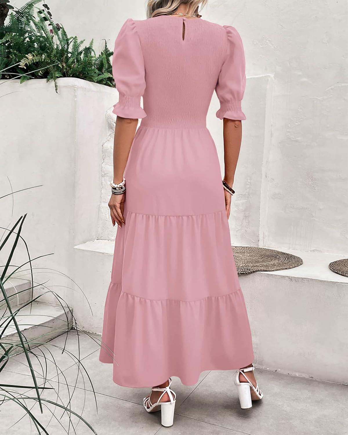 imageBTFBM Women Casual Summer Dresses 2026 Spring Crew Neck Ruffle Short Sleeve Smocked Floral Boho Flowy Maxi Dress ClothesSolid Light Pink