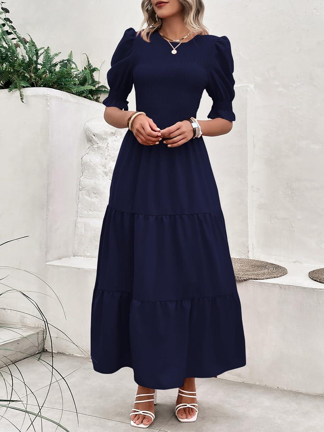 imageBTFBM Women Casual Summer Dresses 2026 Spring Crew Neck Ruffle Short Sleeve Smocked Floral Boho Flowy Maxi Dress ClothesSolid Navy