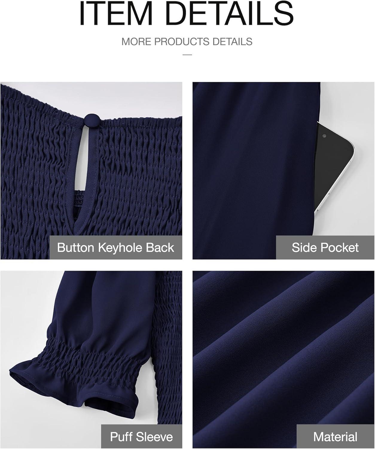 imageBTFBM Women Casual Summer Dresses 2026 Spring Crew Neck Ruffle Short Sleeve Smocked Floral Boho Flowy Maxi Dress ClothesSolid Navy