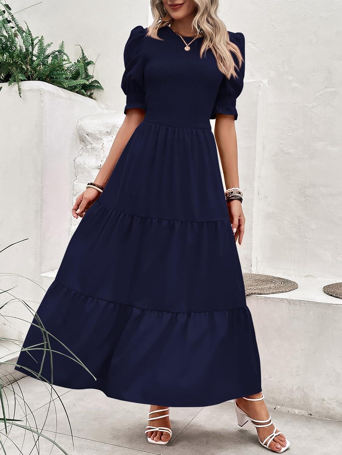 imageBTFBM Women Casual Summer Dresses 2026 Spring Crew Neck Ruffle Short Sleeve Smocked Floral Boho Flowy Maxi Dress ClothesSolid Navy