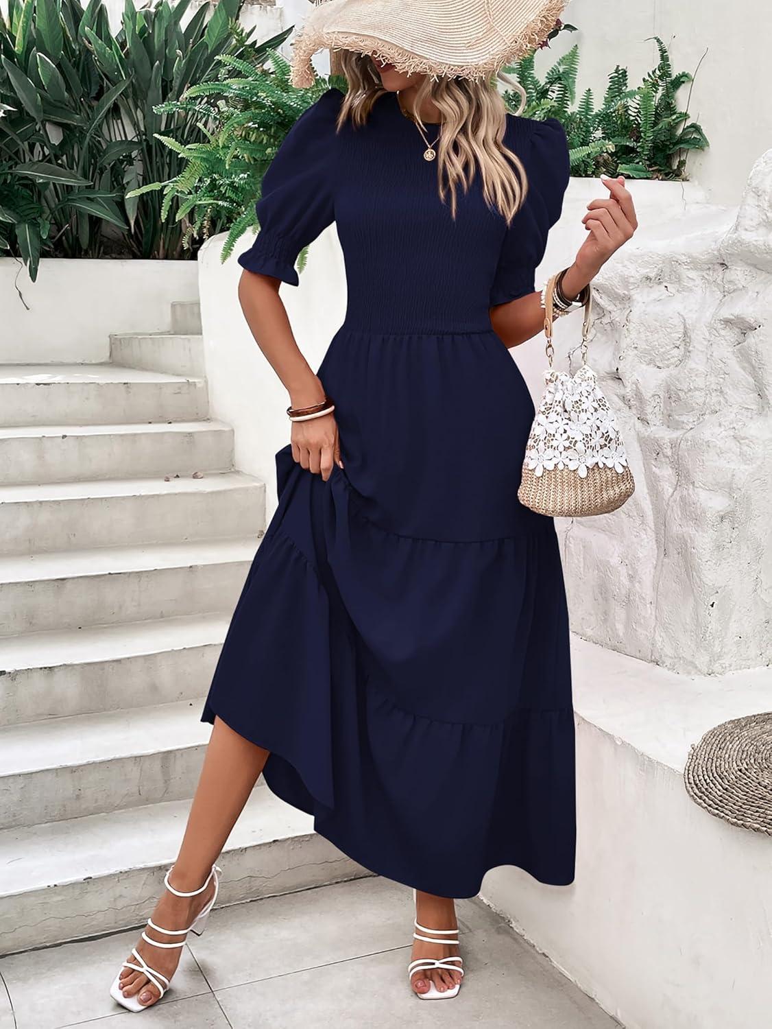 imageBTFBM Women Casual Summer Dresses 2026 Spring Crew Neck Ruffle Short Sleeve Smocked Floral Boho Flowy Maxi Dress ClothesSolid Navy