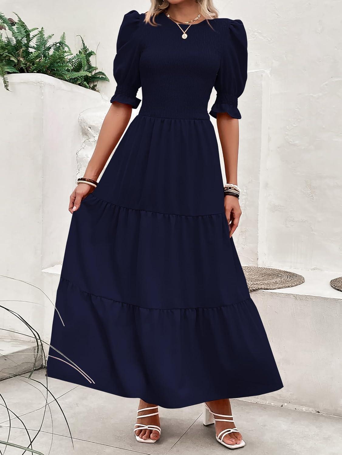 imageBTFBM Women Casual Summer Dresses 2026 Spring Crew Neck Ruffle Short Sleeve Smocked Floral Boho Flowy Maxi Dress ClothesSolid Navy