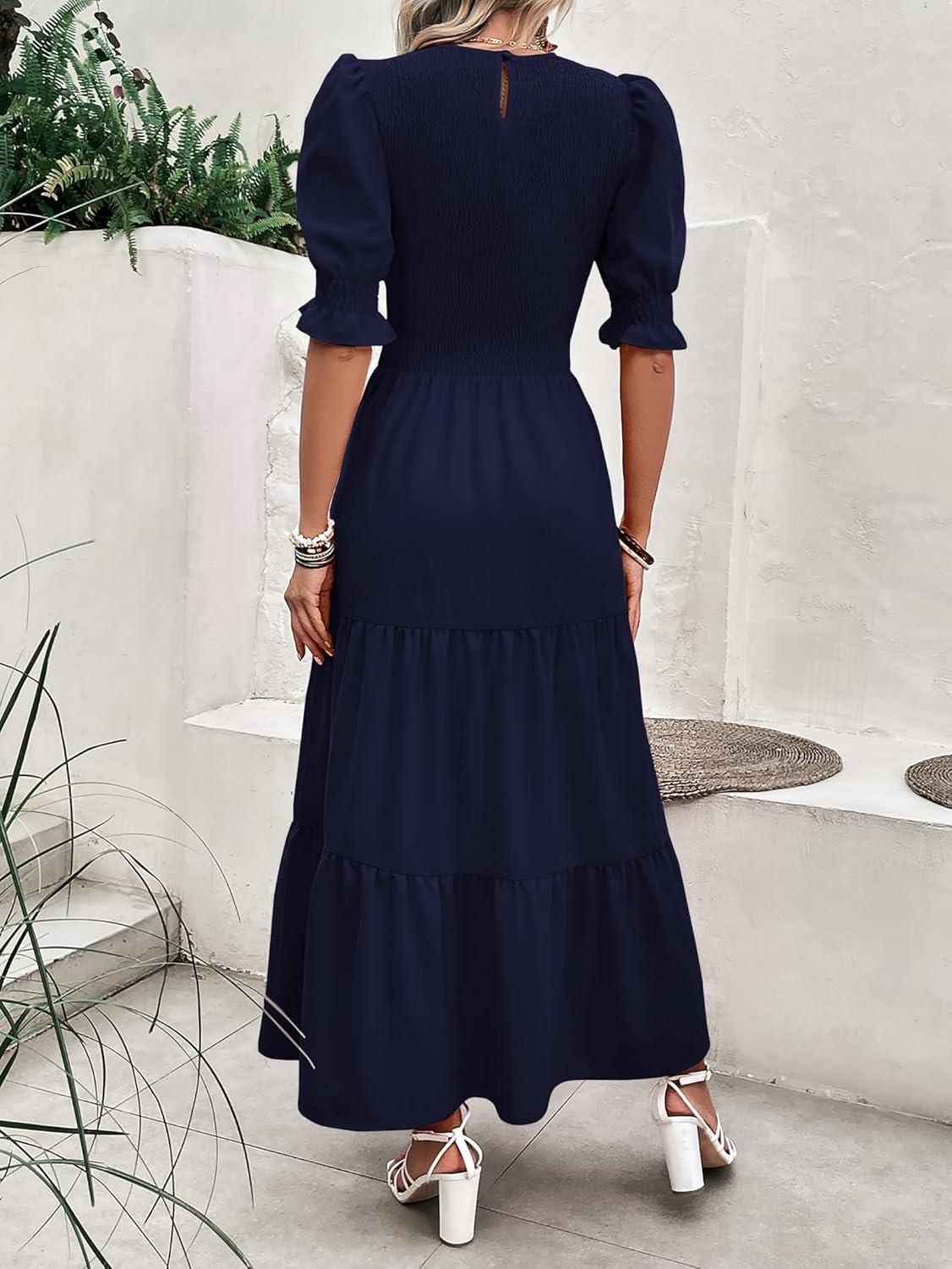 imageBTFBM Women Casual Summer Dresses 2026 Spring Crew Neck Ruffle Short Sleeve Smocked Floral Boho Flowy Maxi Dress ClothesSolid Navy