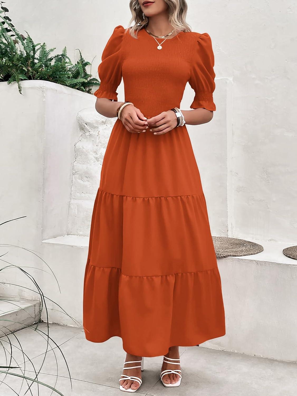 imageBTFBM Women Casual Summer Dresses 2026 Spring Crew Neck Ruffle Short Sleeve Smocked Floral Boho Flowy Maxi Dress ClothesSolid Orange