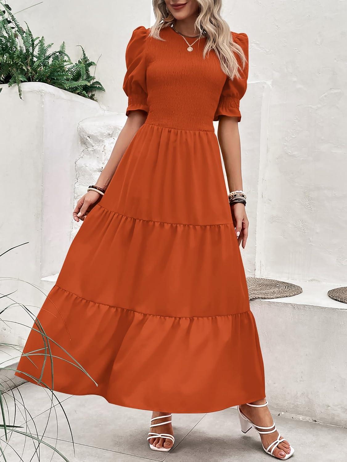 imageBTFBM Women Casual Summer Dresses 2026 Spring Crew Neck Ruffle Short Sleeve Smocked Floral Boho Flowy Maxi Dress ClothesSolid Orange
