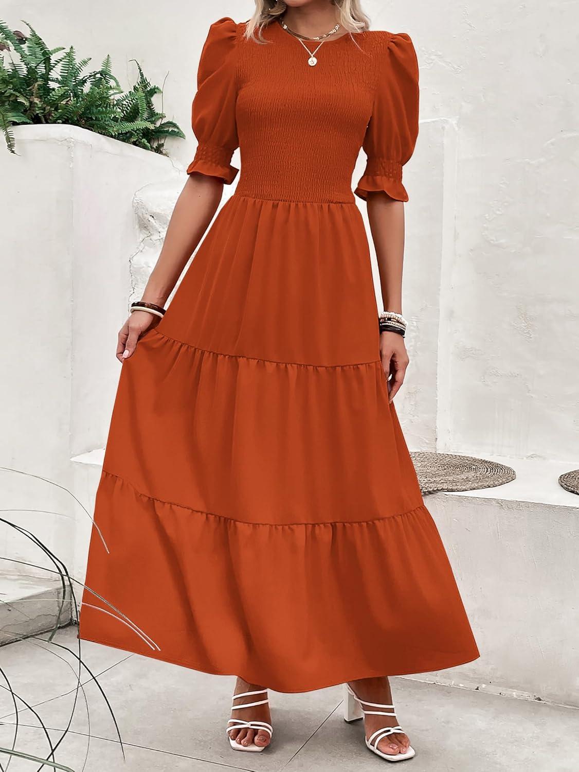imageBTFBM Women Casual Summer Dresses 2026 Spring Crew Neck Ruffle Short Sleeve Smocked Floral Boho Flowy Maxi Dress ClothesSolid Orange