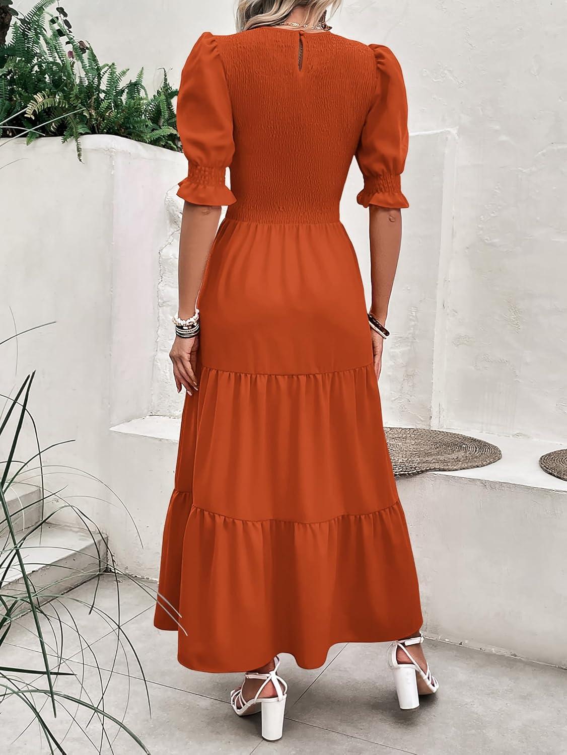 imageBTFBM Women Casual Summer Dresses 2026 Spring Crew Neck Ruffle Short Sleeve Smocked Floral Boho Flowy Maxi Dress ClothesSolid Orange