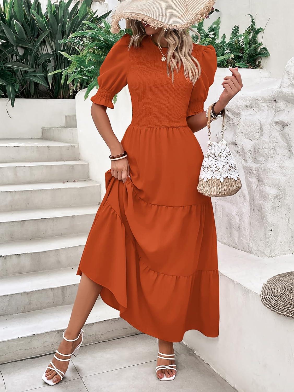 imageBTFBM Women Casual Summer Dresses 2026 Spring Crew Neck Ruffle Short Sleeve Smocked Floral Boho Flowy Maxi Dress ClothesSolid Orange