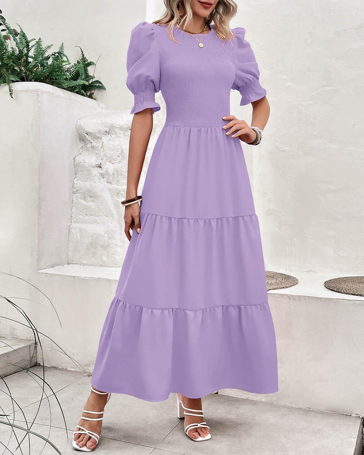 imageBTFBM Women Casual Summer Dresses 2026 Spring Crew Neck Ruffle Short Sleeve Smocked Floral Boho Flowy Maxi Dress ClothesSolid Purple