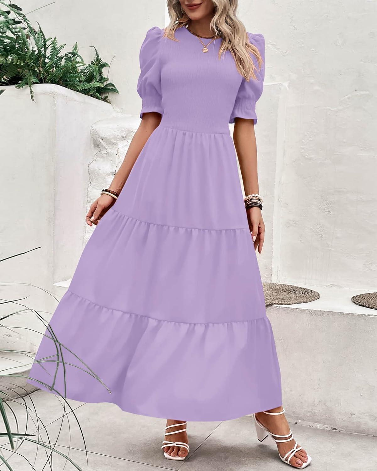imageBTFBM Women Casual Summer Dresses 2026 Spring Crew Neck Ruffle Short Sleeve Smocked Floral Boho Flowy Maxi Dress ClothesSolid Purple