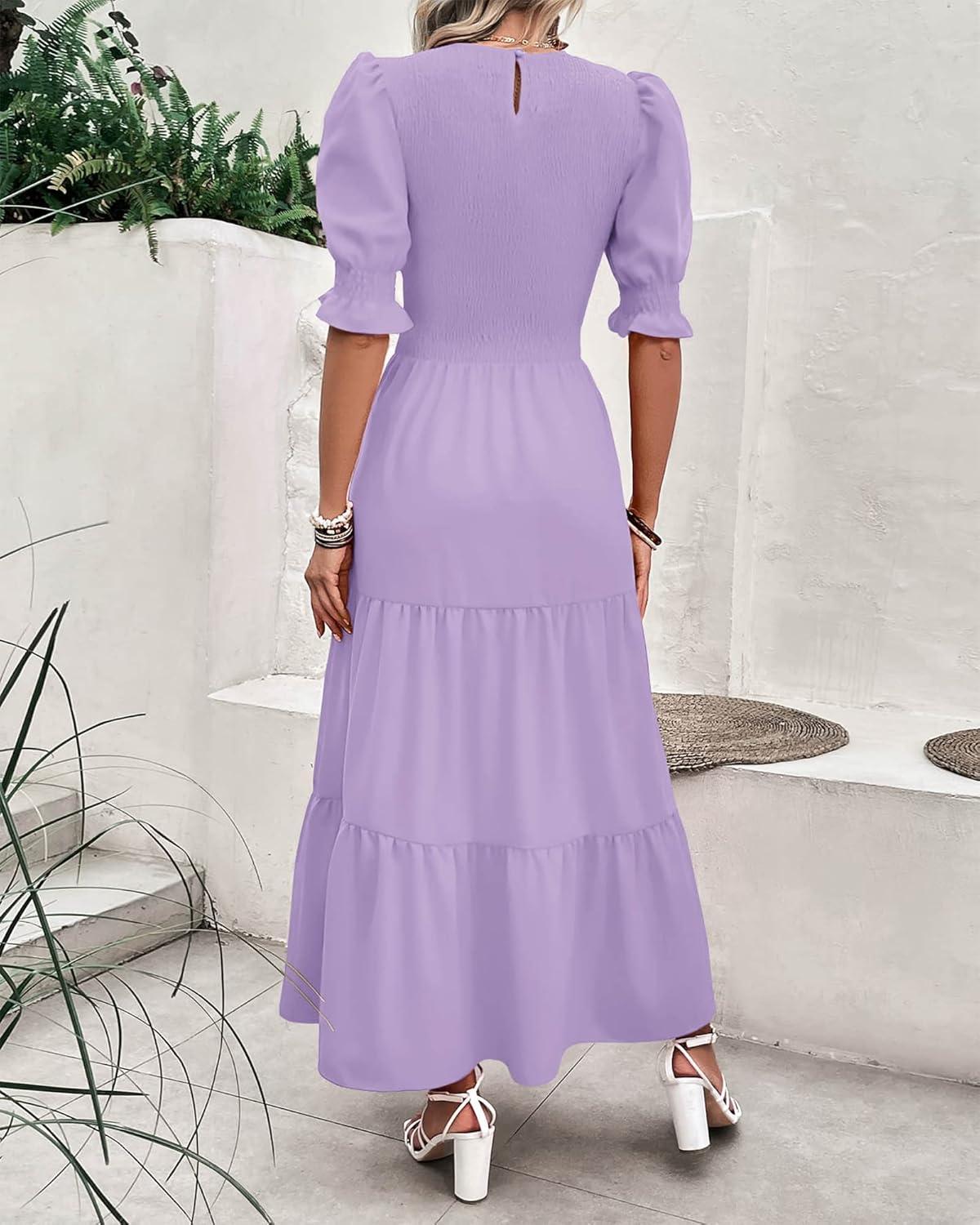 imageBTFBM Women Casual Summer Dresses 2026 Spring Crew Neck Ruffle Short Sleeve Smocked Floral Boho Flowy Maxi Dress ClothesSolid Purple