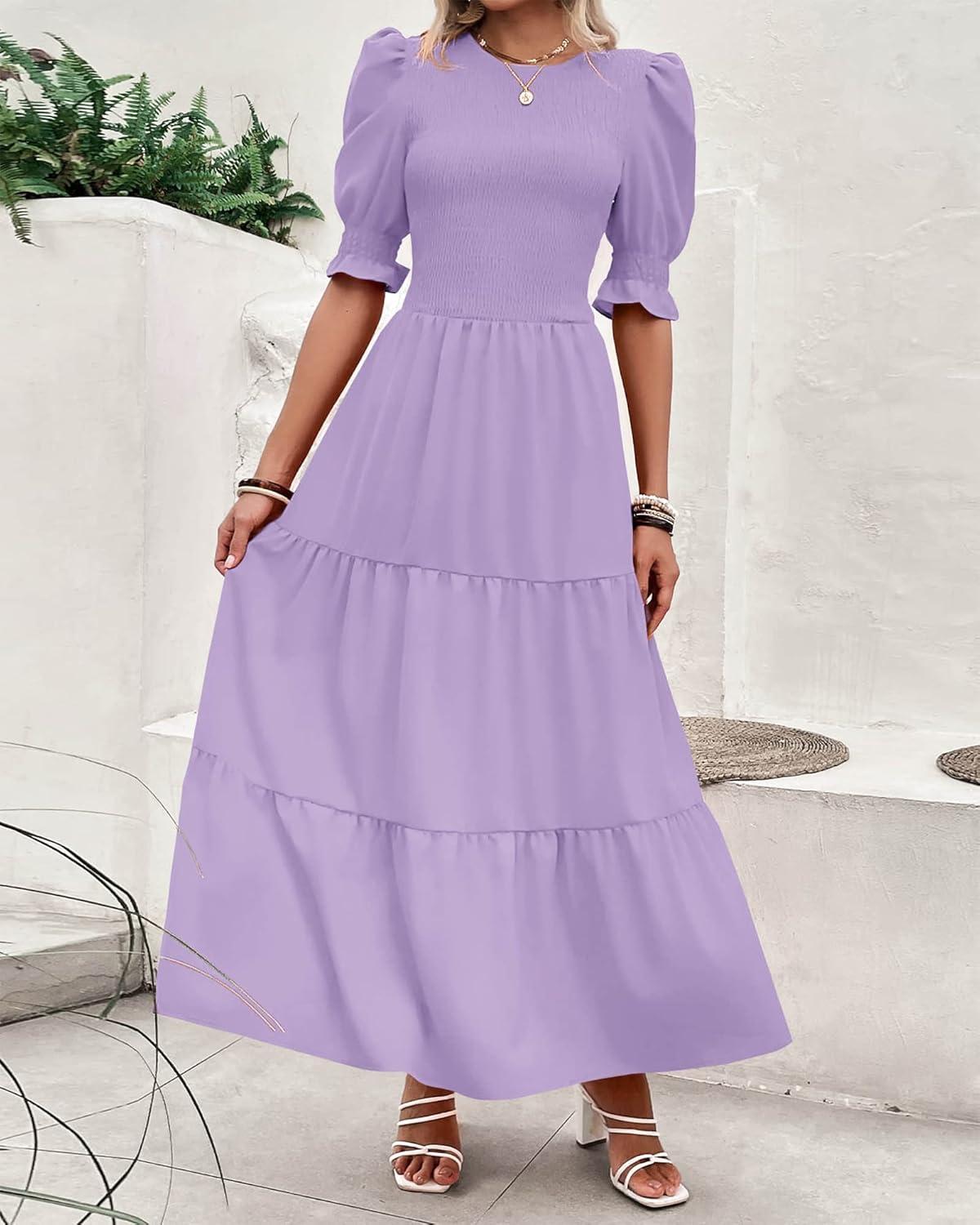 imageBTFBM Women Casual Summer Dresses 2026 Spring Crew Neck Ruffle Short Sleeve Smocked Floral Boho Flowy Maxi Dress ClothesSolid Purple