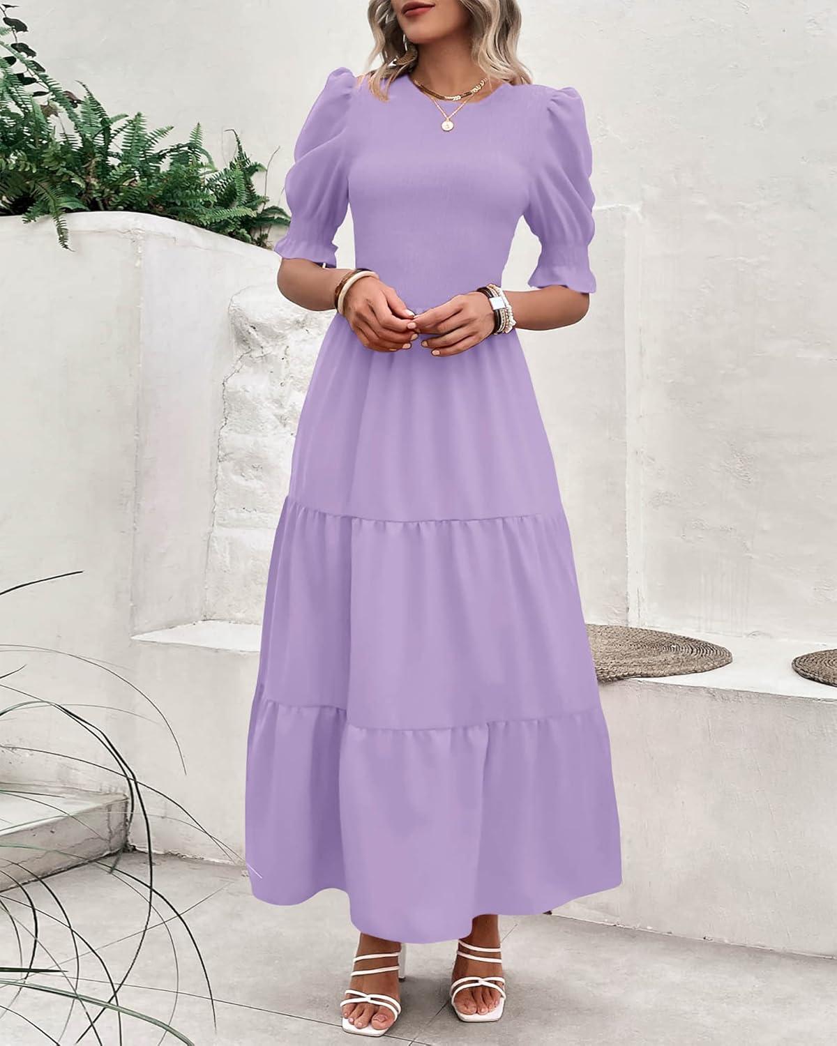 imageBTFBM Women Casual Summer Dresses 2026 Spring Crew Neck Ruffle Short Sleeve Smocked Floral Boho Flowy Maxi Dress ClothesSolid Purple