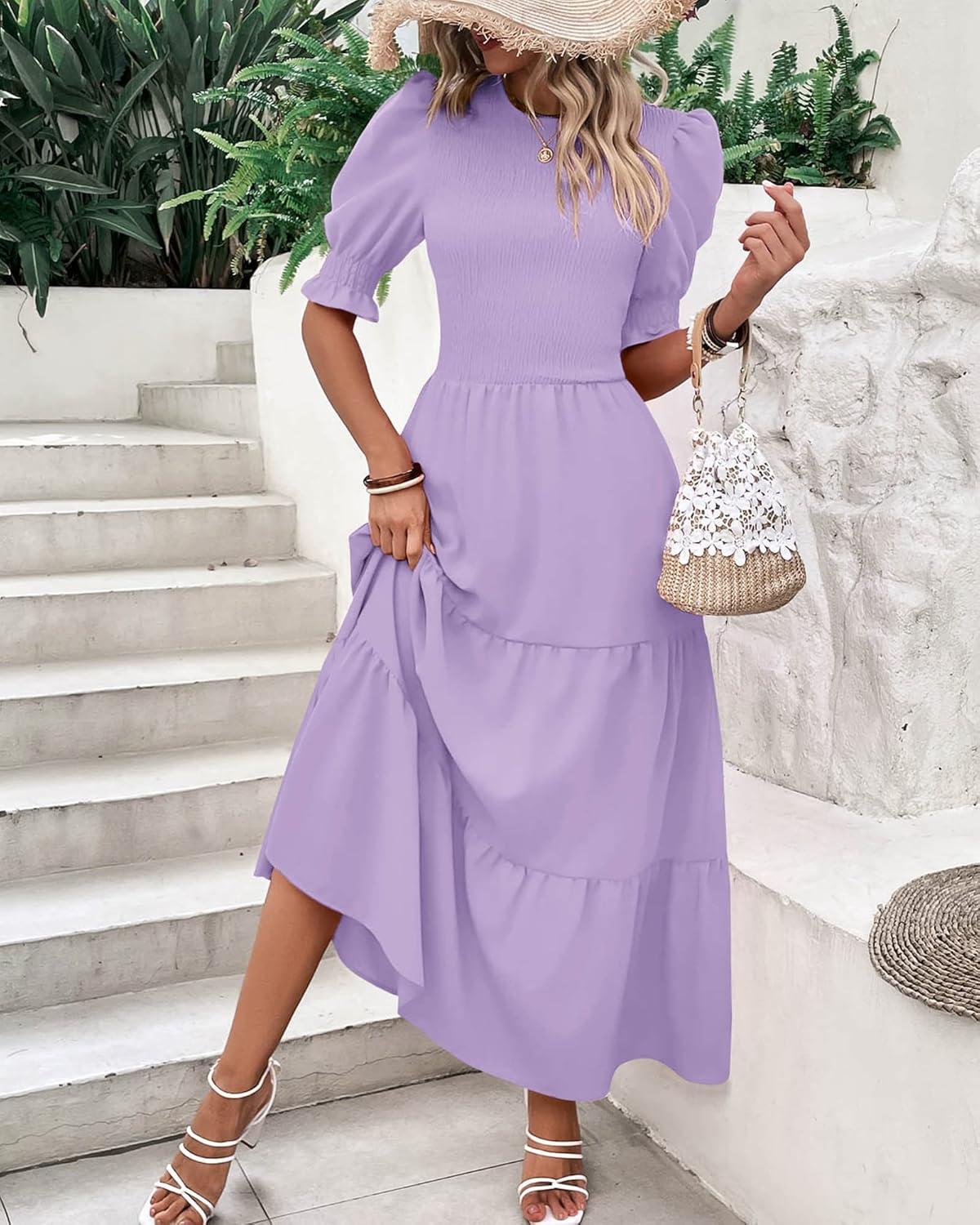 imageBTFBM Women Casual Summer Dresses 2026 Spring Crew Neck Ruffle Short Sleeve Smocked Floral Boho Flowy Maxi Dress ClothesSolid Purple