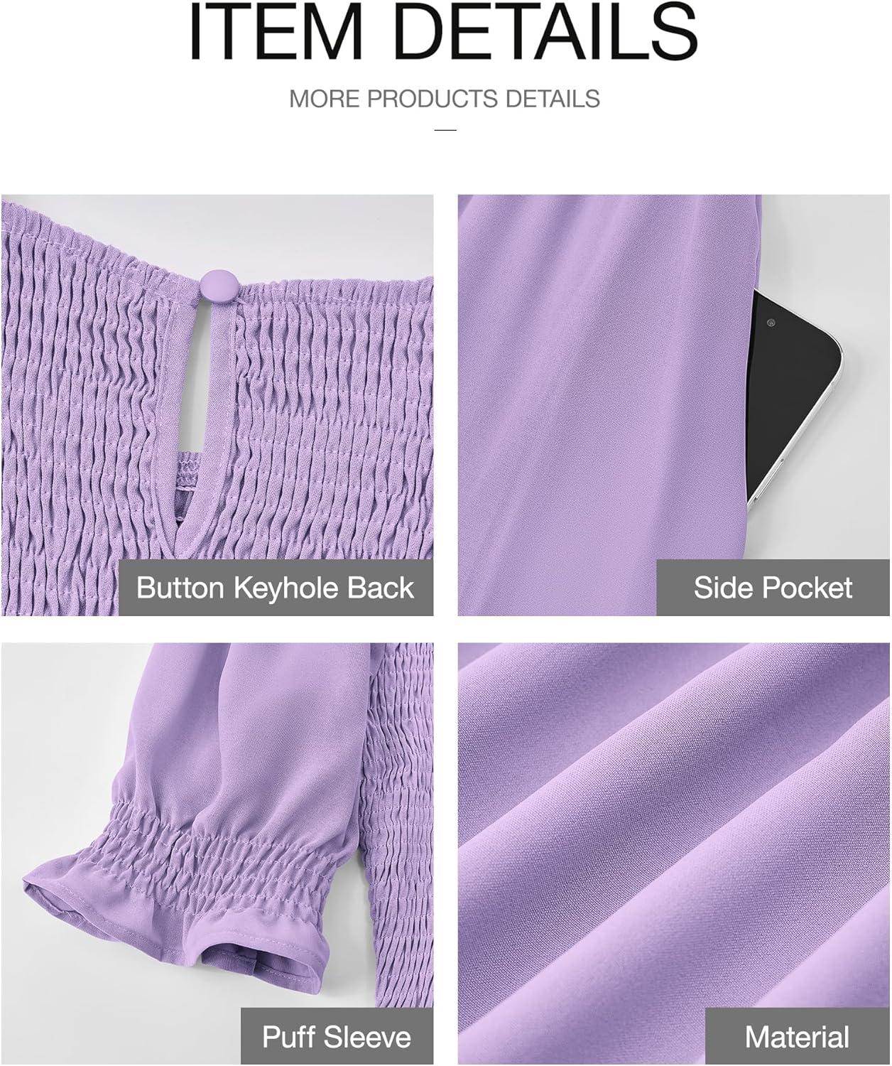 imageBTFBM Women Casual Summer Dresses 2026 Spring Crew Neck Ruffle Short Sleeve Smocked Floral Boho Flowy Maxi Dress ClothesSolid Purple