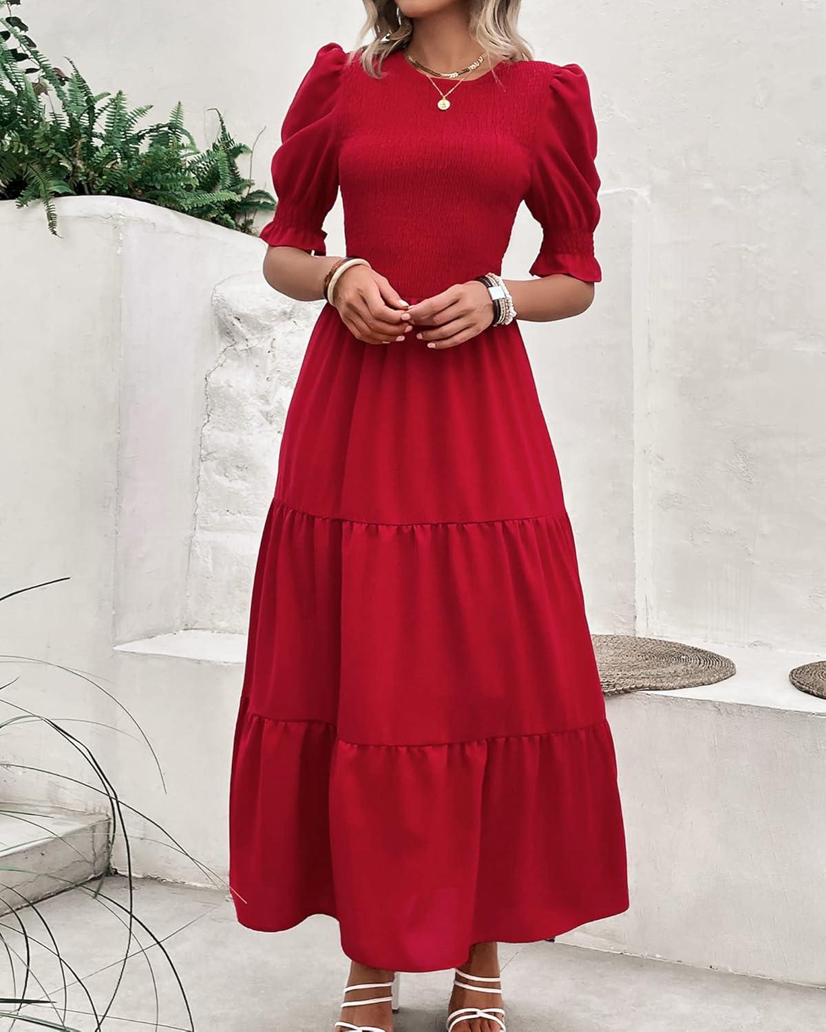 imageBTFBM Women Casual Summer Dresses 2026 Spring Crew Neck Ruffle Short Sleeve Smocked Floral Boho Flowy Maxi Dress ClothesSolid Red