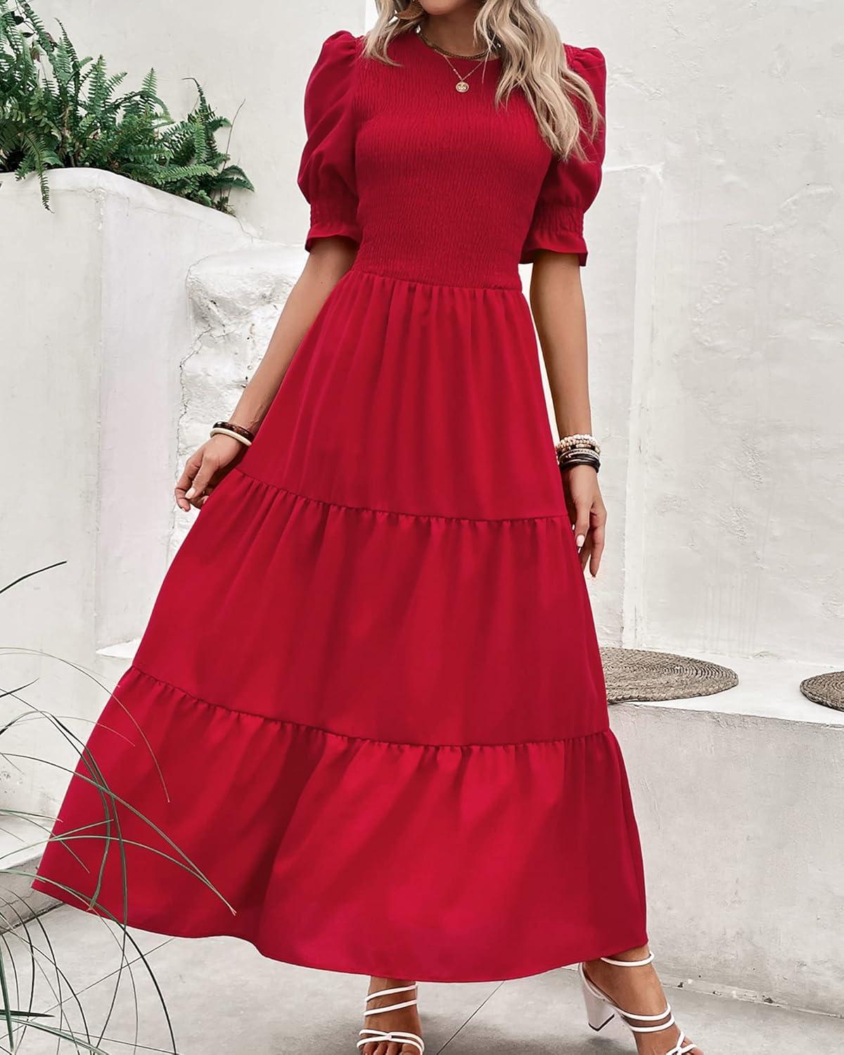 imageBTFBM Women Casual Summer Dresses 2026 Spring Crew Neck Ruffle Short Sleeve Smocked Floral Boho Flowy Maxi Dress ClothesSolid Red
