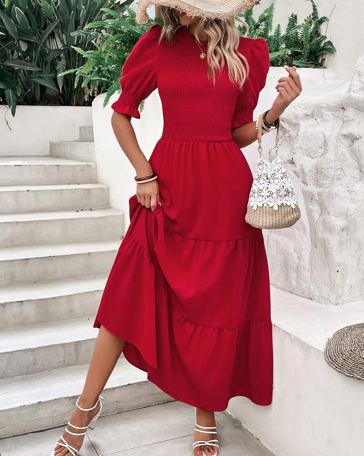 imageBTFBM Women Casual Summer Dresses 2026 Spring Crew Neck Ruffle Short Sleeve Smocked Floral Boho Flowy Maxi Dress ClothesSolid Red