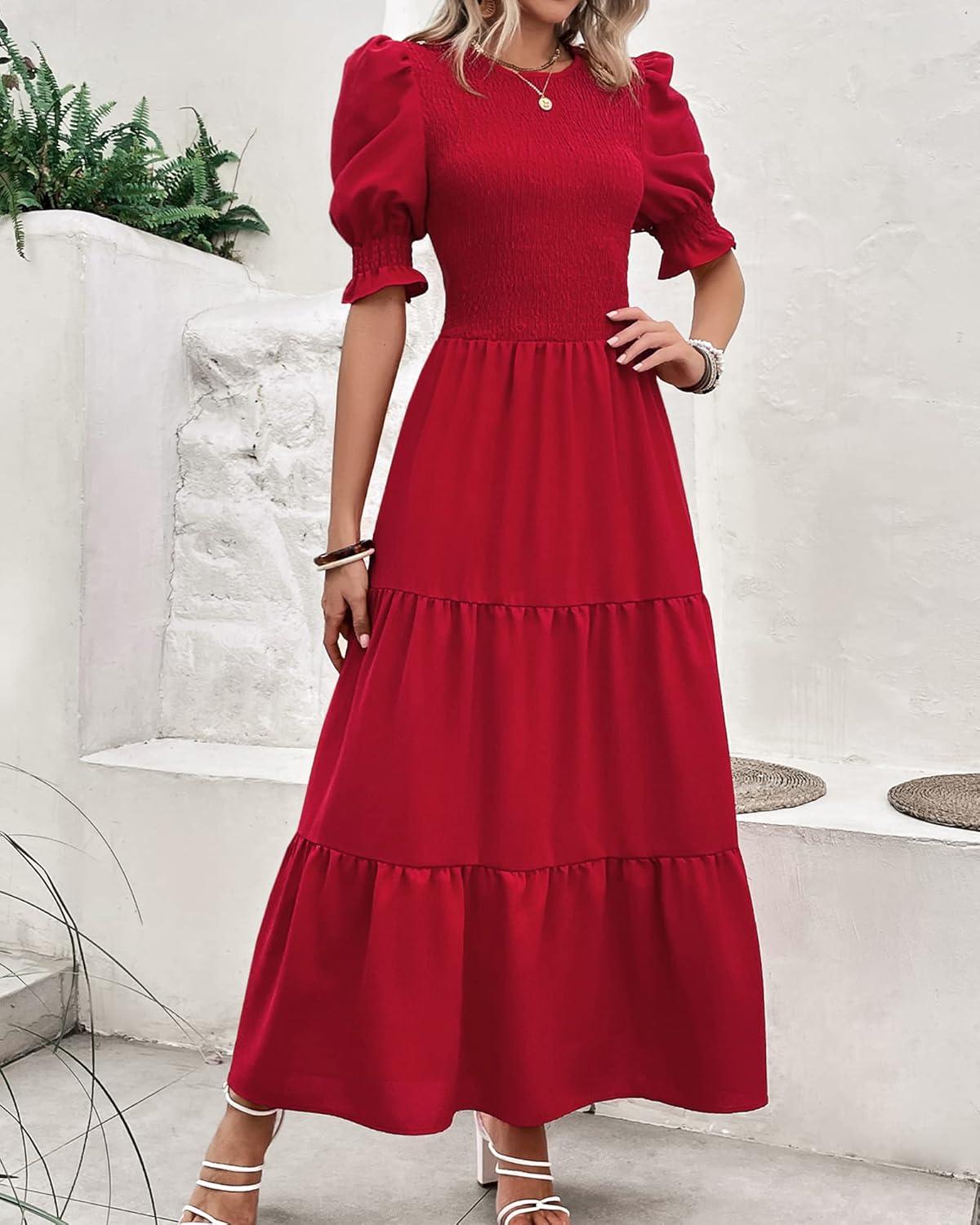 imageBTFBM Women Casual Summer Dresses 2026 Spring Crew Neck Ruffle Short Sleeve Smocked Floral Boho Flowy Maxi Dress ClothesSolid Red