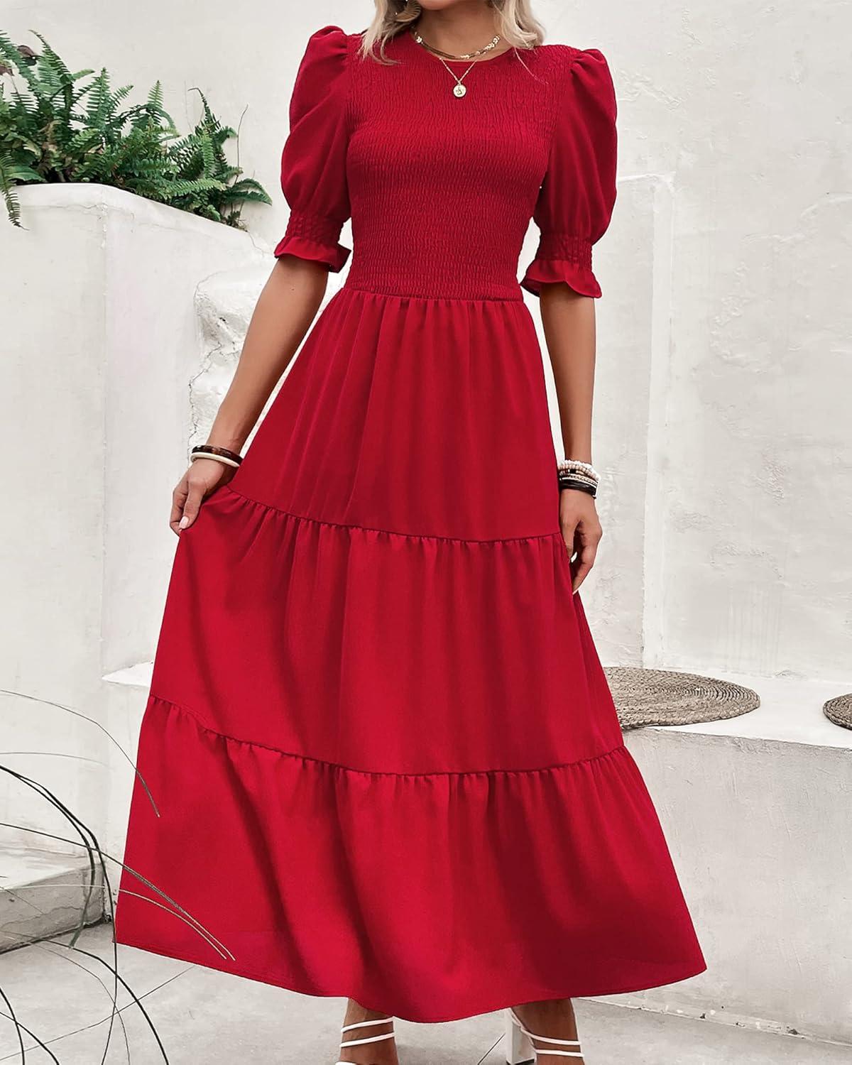 imageBTFBM Women Casual Summer Dresses 2026 Spring Crew Neck Ruffle Short Sleeve Smocked Floral Boho Flowy Maxi Dress ClothesSolid Red